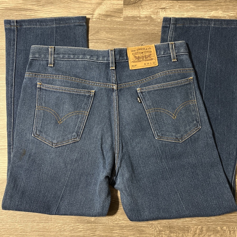 Levi's 517 Black Tab Boot Cut Dark Wash Poly Blend Blue Jeans Size 38x32 (38x29) - Picture 5 of 15